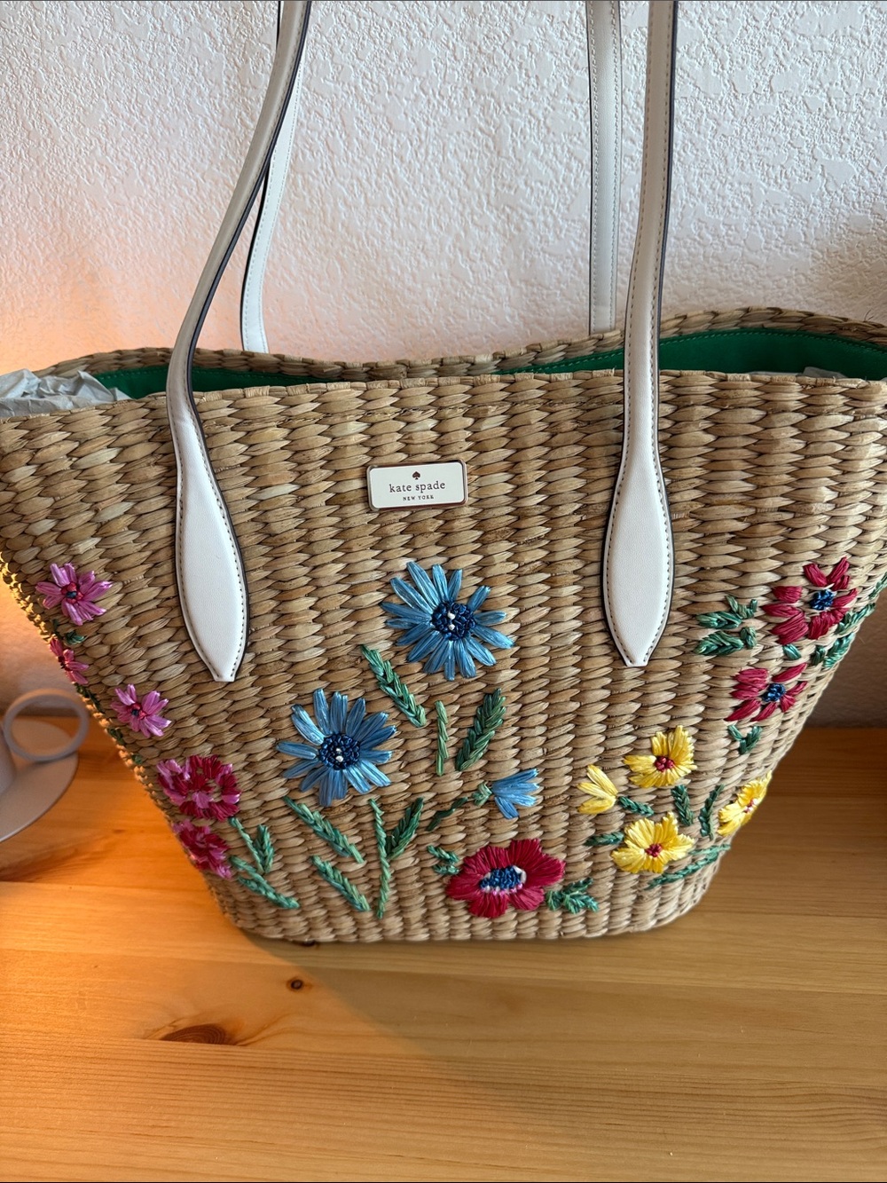 kate spade Natural Straw Tote with Multicolor Floral Embroidery and White Straps